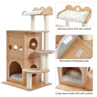 Modern Cat Tree Wooden Multi-Level Cat Tower Deeper Version Of Cat Sky Castle With 2 Cozy Condos, Luxury Perch And Interactive Dangling Balls Beige (Minimum Retail Price for US: USD 164.99)