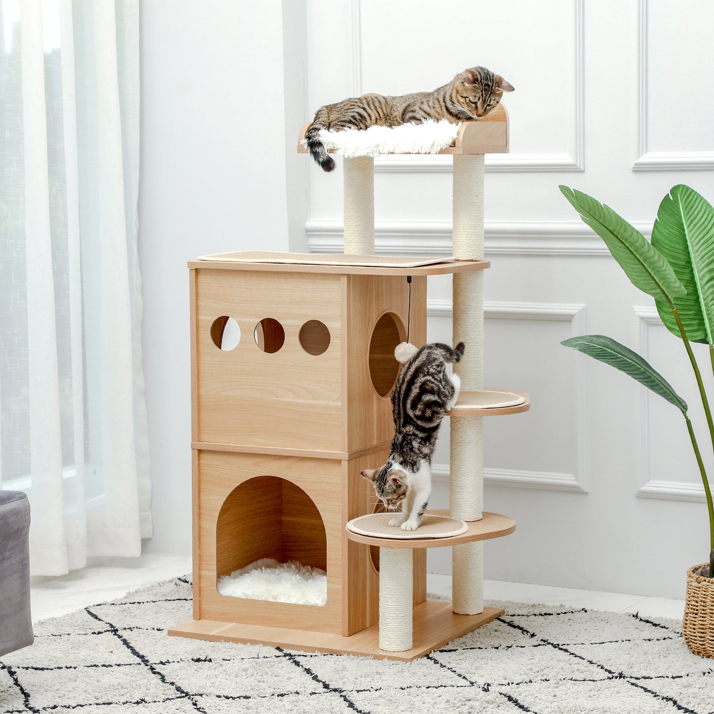 Modern Cat Tree Wooden Multi-Level Cat Tower Deeper Version Of Cat Sky Castle With 2 Cozy Condos, Luxury Perch And Interactive Dangling Balls Beige (Minimum Retail Price for US: USD 164.99)