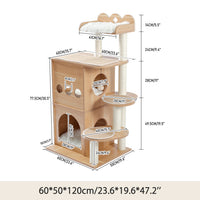 Modern Cat Tree Wooden Multi-Level Cat Tower Deeper Version Of Cat Sky Castle With 2 Cozy Condos, Luxury Perch And Interactive Dangling Balls Beige (Minimum Retail Price for US: USD 164.99)