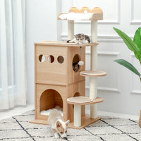 Modern Cat Tree Wooden Multi-Level Cat Tower Deeper Version Of Cat Sky Castle With 2 Cozy Condos, Luxury Perch And Interactive Dangling Balls Beige (Minimum Retail Price for US: USD 164.99)