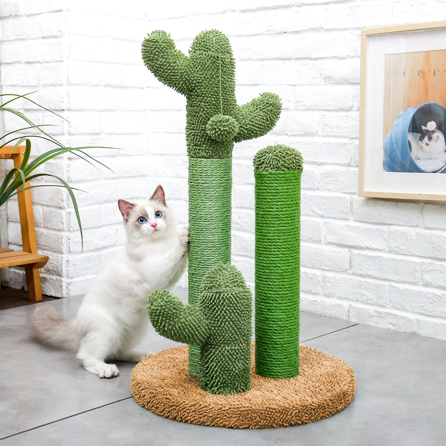 Cat Scratching Post Cactus Cat Scratcher Featuring with 3 Scratching Poles and Interactive Dangling Ball