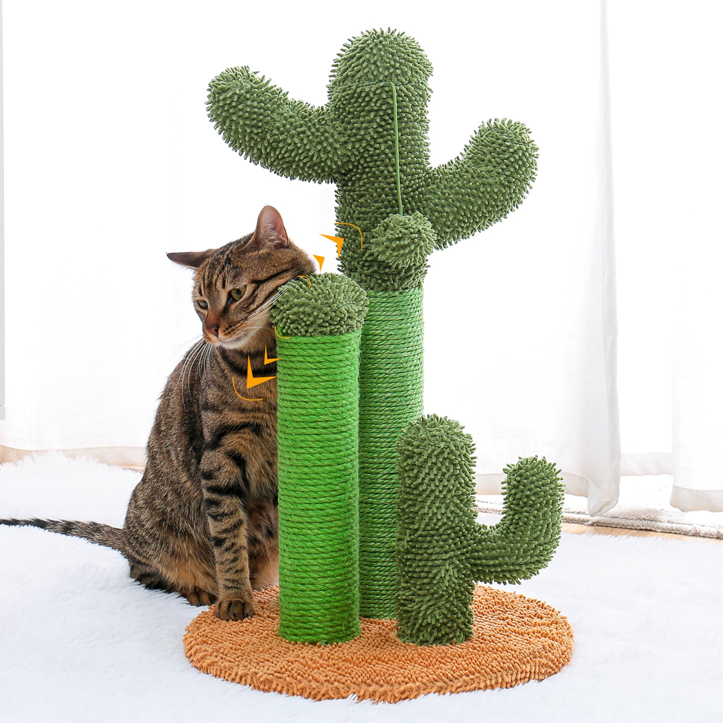 Cat Scratching Post Cactus Cat Scratcher Featuring with 3 Scratching Poles and Interactive Dangling Ball