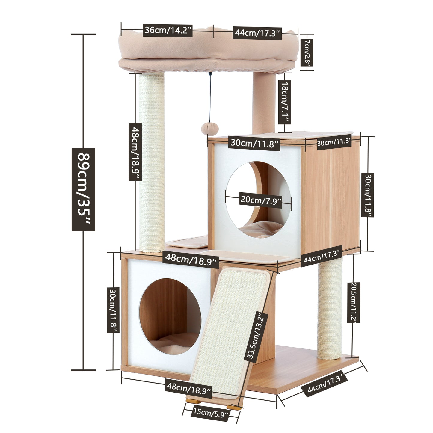 Wood Cat Tree Cat Tower With Double Condos Spacious Perch Sisal Scratching Post And Replaceable Dangling Balls Beige (Minimum Retail Price for US: USD 99.99)