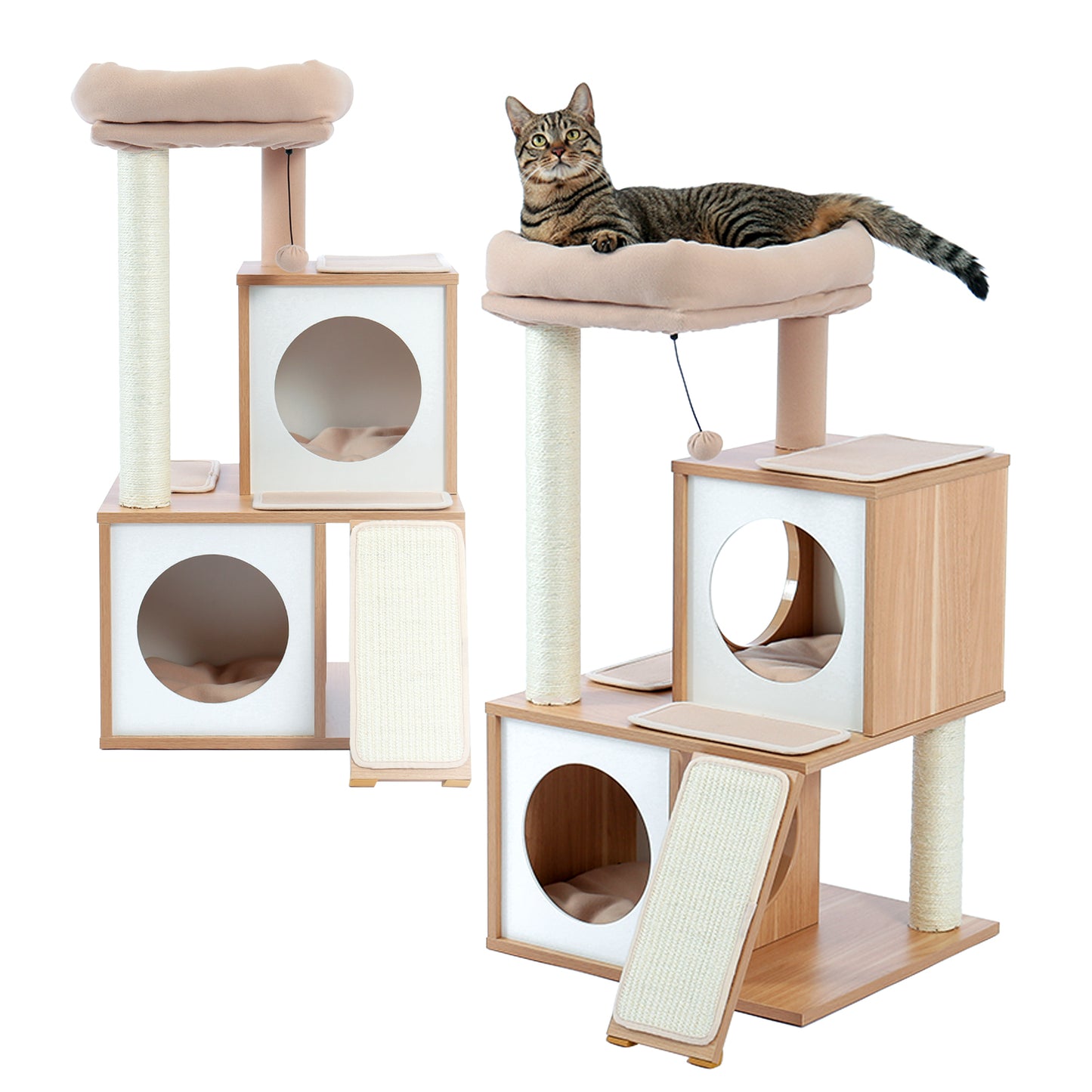 Wood Cat Tree Cat Tower With Double Condos Spacious Perch Sisal Scratching Post And Replaceable Dangling Balls Beige (Minimum Retail Price for US: USD 99.99)