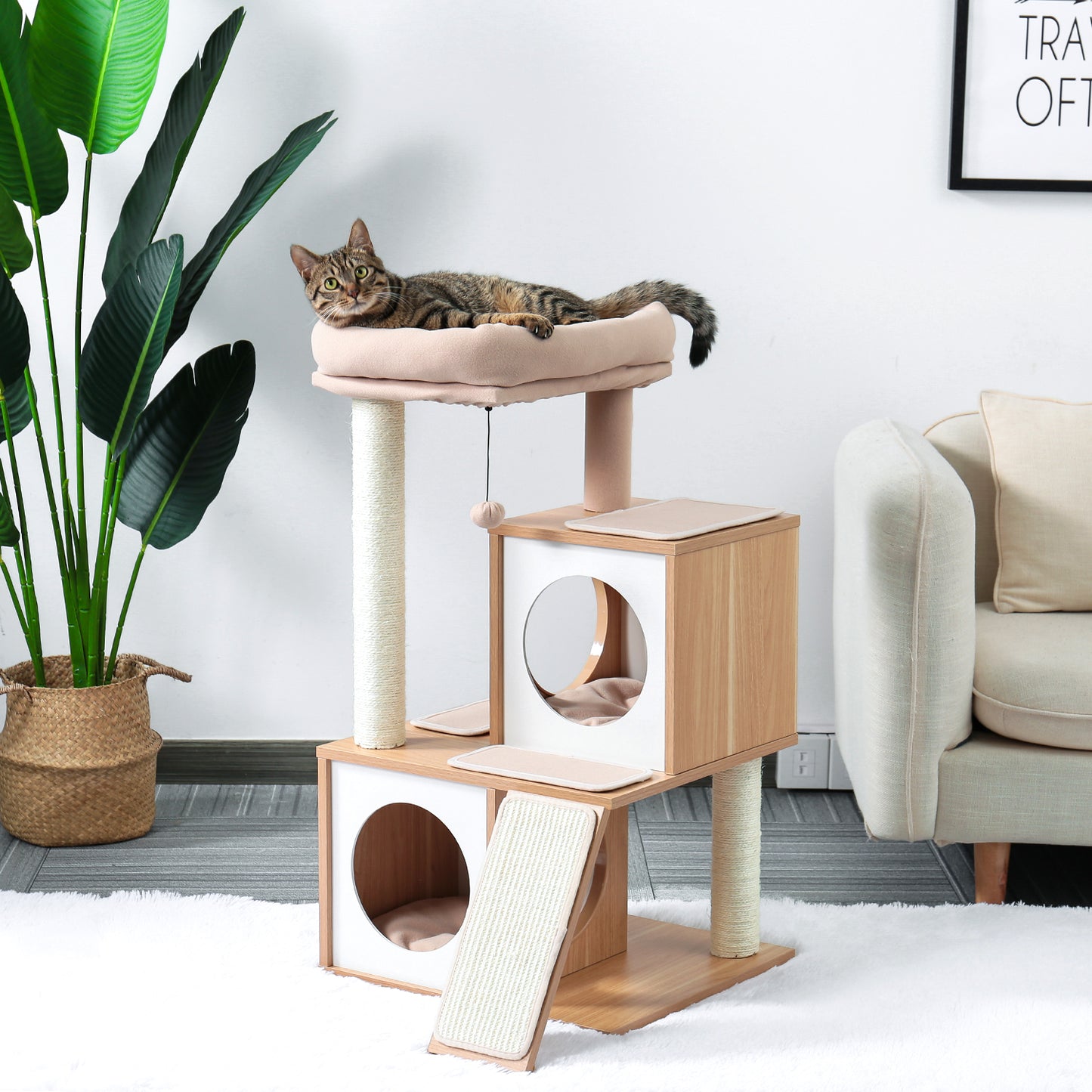 Wood Cat Tree Cat Tower With Double Condos Spacious Perch Sisal Scratching Post And Replaceable Dangling Balls Beige (Minimum Retail Price for US: USD 99.99)