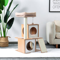 Wood Cat Tree Cat Tower With Double Condos Spacious Perch Sisal Scratching Post And Replaceable Dangling Balls Beige (Minimum Retail Price for US: USD 99.99)