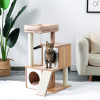 Wood Cat Tree Cat Tower With Double Condos Spacious Perch Sisal Scratching Post And Replaceable Dangling Balls Beige (Minimum Retail Price for US: USD 99.99)