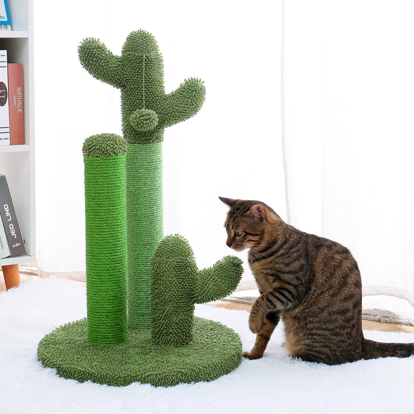 Cat Scratching Post Cactus Cat Scratcher Featuring with 3 Scratching Poles and Interactive Dangling Ball