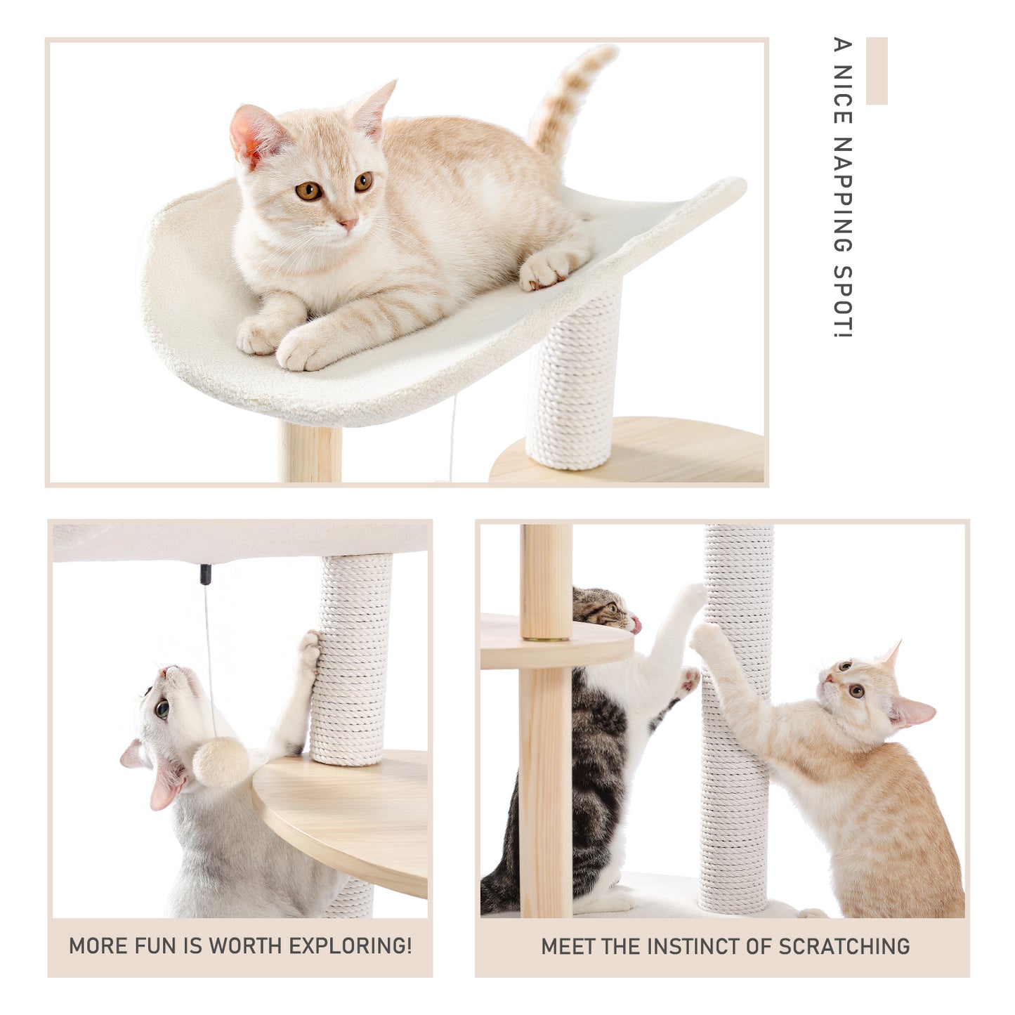 Multi-Level Cat Tree Modern Cat Tower Wooden Activity Center with Scratching Posts Beige (Minimum Retail Price for US: USD 119.99)