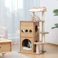 Modern Cat Tree Wooden Multi-Level Cat Tower Deeper Version Of Cat Sky Castle With 2 Cozy Condos, Luxury Perch And Interactive Dangling Balls Beige (Minimum Retail Price for US: USD 164.99)