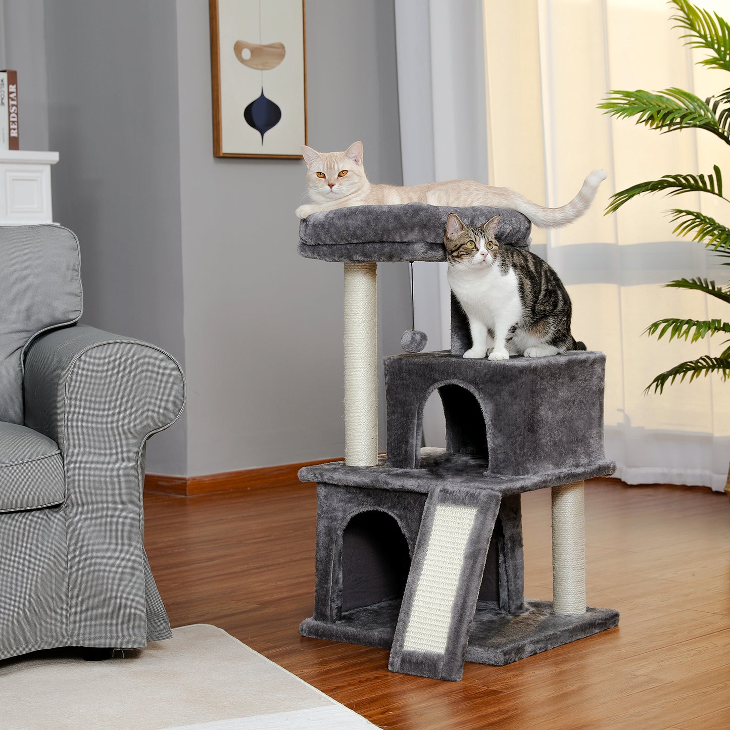 Modern Small Cat Tree Cat Tower With Double Condos Spacious Perch Sisal Scratching Posts，Climbing Ladder and Replaceable Dangling Balls Grey (Minimum Retail Price for US: USD 79.99)