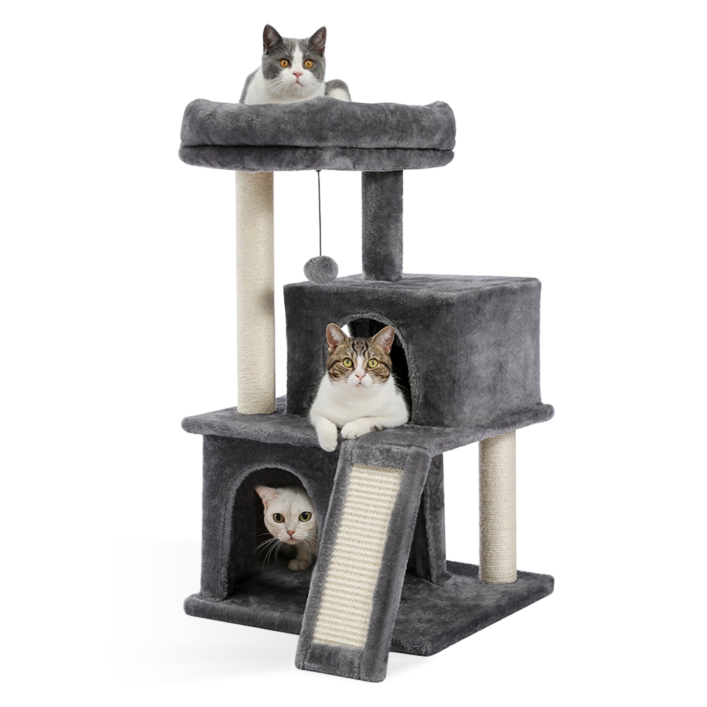 Modern Small Cat Tree Cat Tower With Double Condos Spacious Perch Sisal Scratching Posts，Climbing Ladder and Replaceable Dangling Balls Grey (Minimum Retail Price for US: USD 79.99)