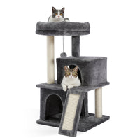 Modern Small Cat Tree Cat Tower With Double Condos Spacious Perch Sisal Scratching Posts，Climbing Ladder and Replaceable Dangling Balls Grey (Minimum Retail Price for US: USD 79.99)