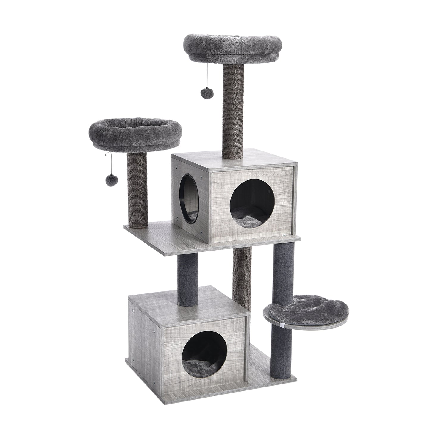 Medium Cat Tree Activity Center With Multi Platforms, Cat Play Tower Wooden Cat Tree With Sisal-covered Cat Scratching Posts Grey