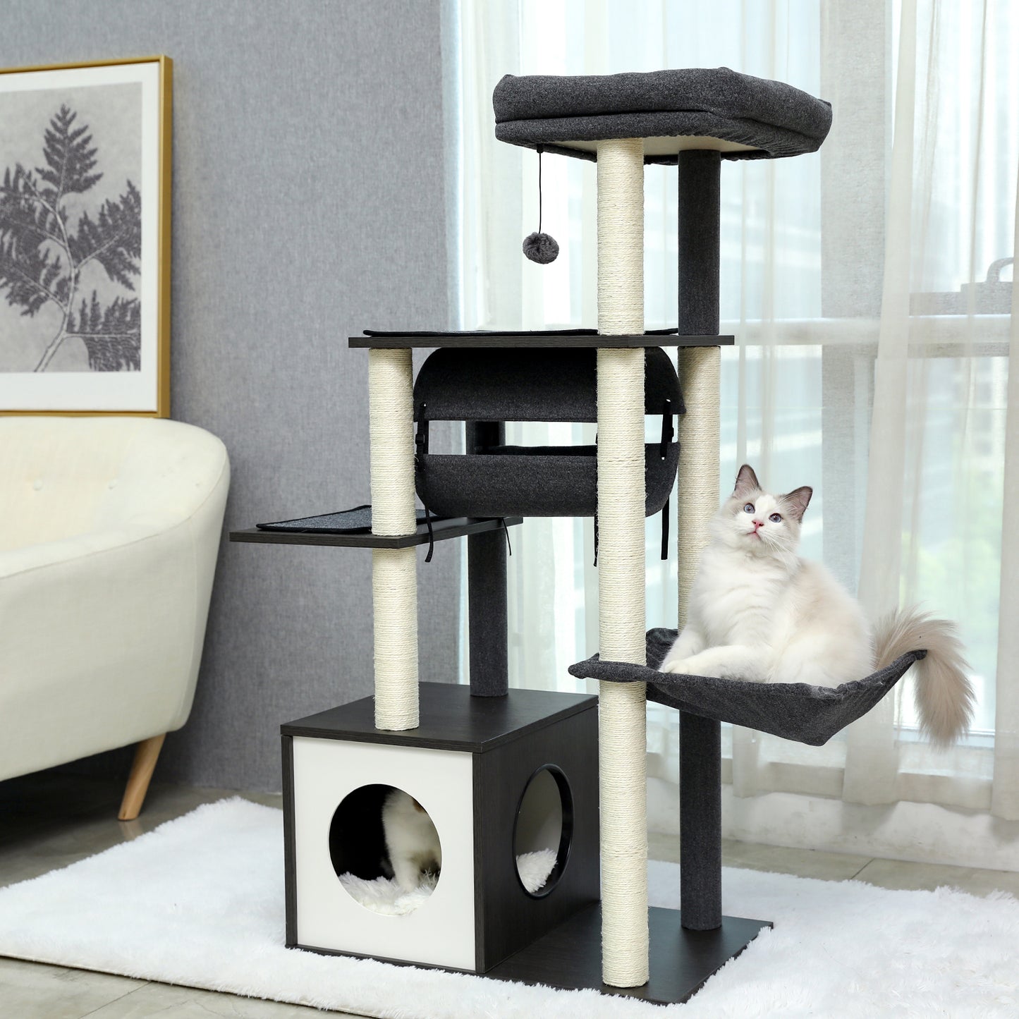 Modern Cat Tree 6 Levels Wooden Cat Tower with Sisal Scratching Posts, Roomy Condo, Spacious Perch, Super Large Hammock and Swing Tunnel for Indoor Cats Grey (Minimum Retail Price for US: USD 149.99)