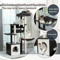 Modern Cat Tree 6 Levels Wooden Cat Tower with Sisal Scratching Posts, Roomy Condo, Spacious Perch, Super Large Hammock and Swing Tunnel for Indoor Cats Grey (Minimum Retail Price for US: USD 149.99)