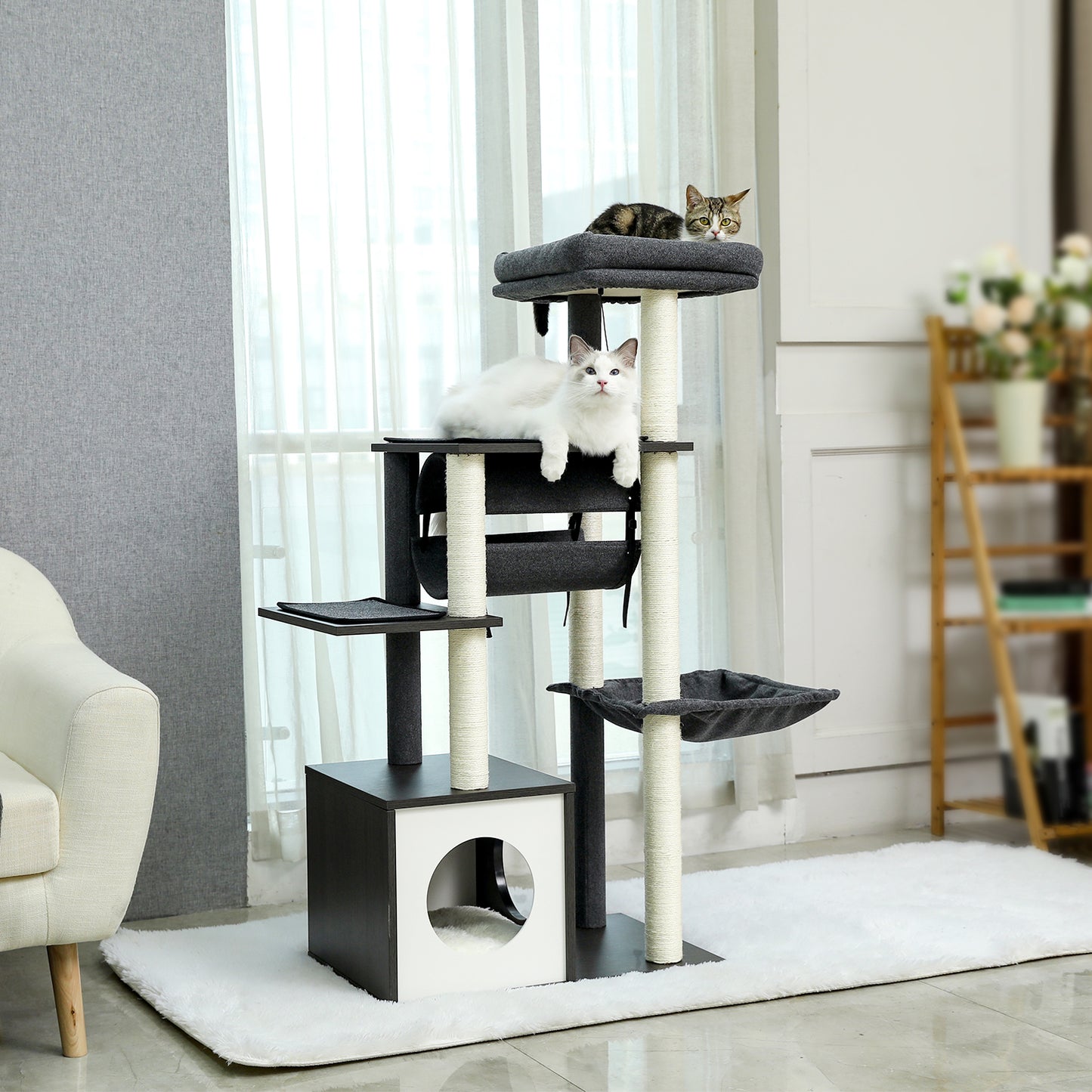 Modern Cat Tree 6 Levels Wooden Cat Tower with Sisal Scratching Posts, Roomy Condo, Spacious Perch, Super Large Hammock and Swing Tunnel for Indoor Cats Grey (Minimum Retail Price for US: USD 149.99)