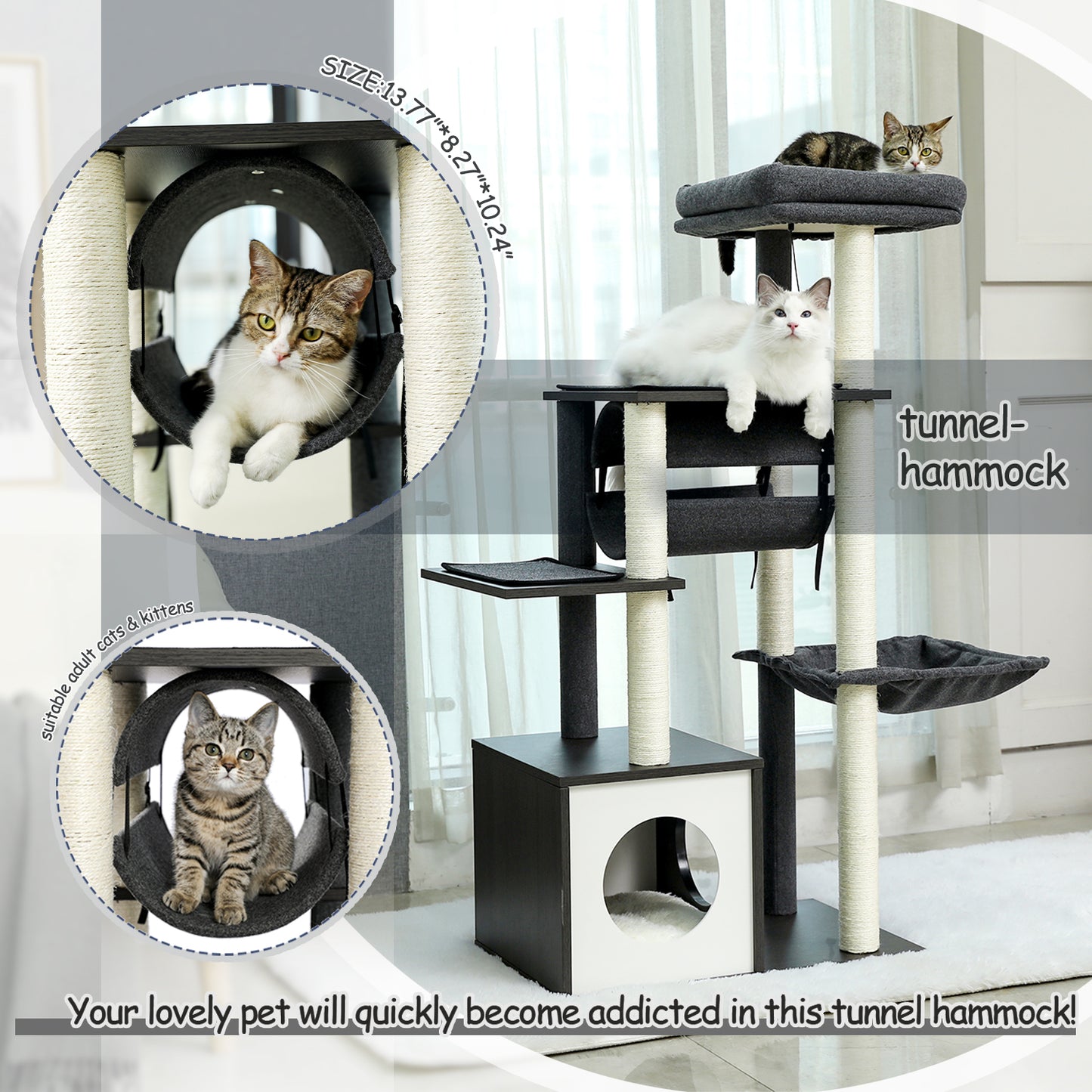 Modern Cat Tree 6 Levels Wooden Cat Tower with Sisal Scratching Posts, Roomy Condo, Spacious Perch, Super Large Hammock and Swing Tunnel for Indoor Cats Grey (Minimum Retail Price for US: USD 149.99)