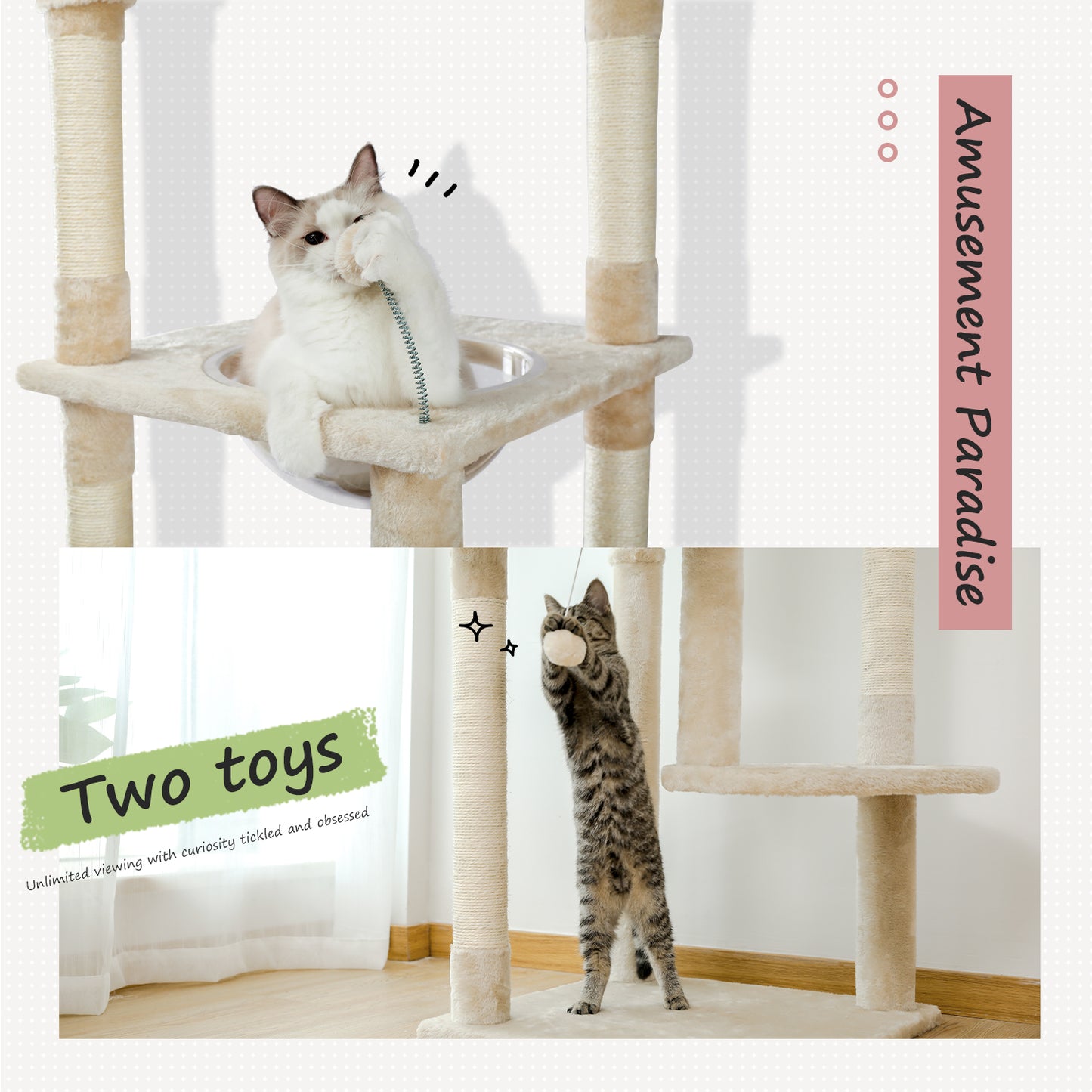 Floor to Ceiling Cat Tree Height Adjustable Cat Tower Tall Kitty Climbing Play House with Scratching Posts, Cozy Condo, Perches and Large Hammock Beige (Minimum Retail Price for US: USD 149.99)