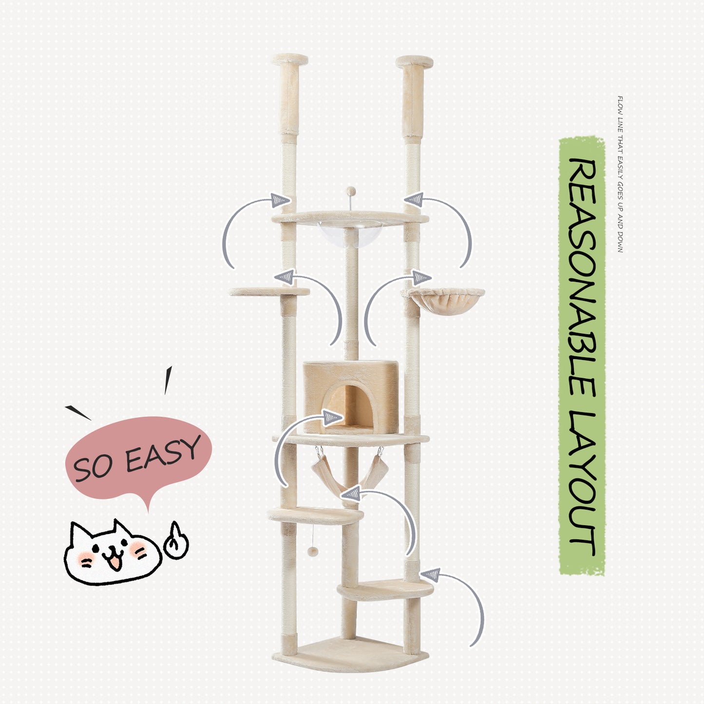 Floor to Ceiling Cat Tree Height Adjustable Cat Tower Tall Kitty Climbing Play House with Scratching Posts, Cozy Condo, Perches and Large Hammock Beige (Minimum Retail Price for US: USD 149.99)