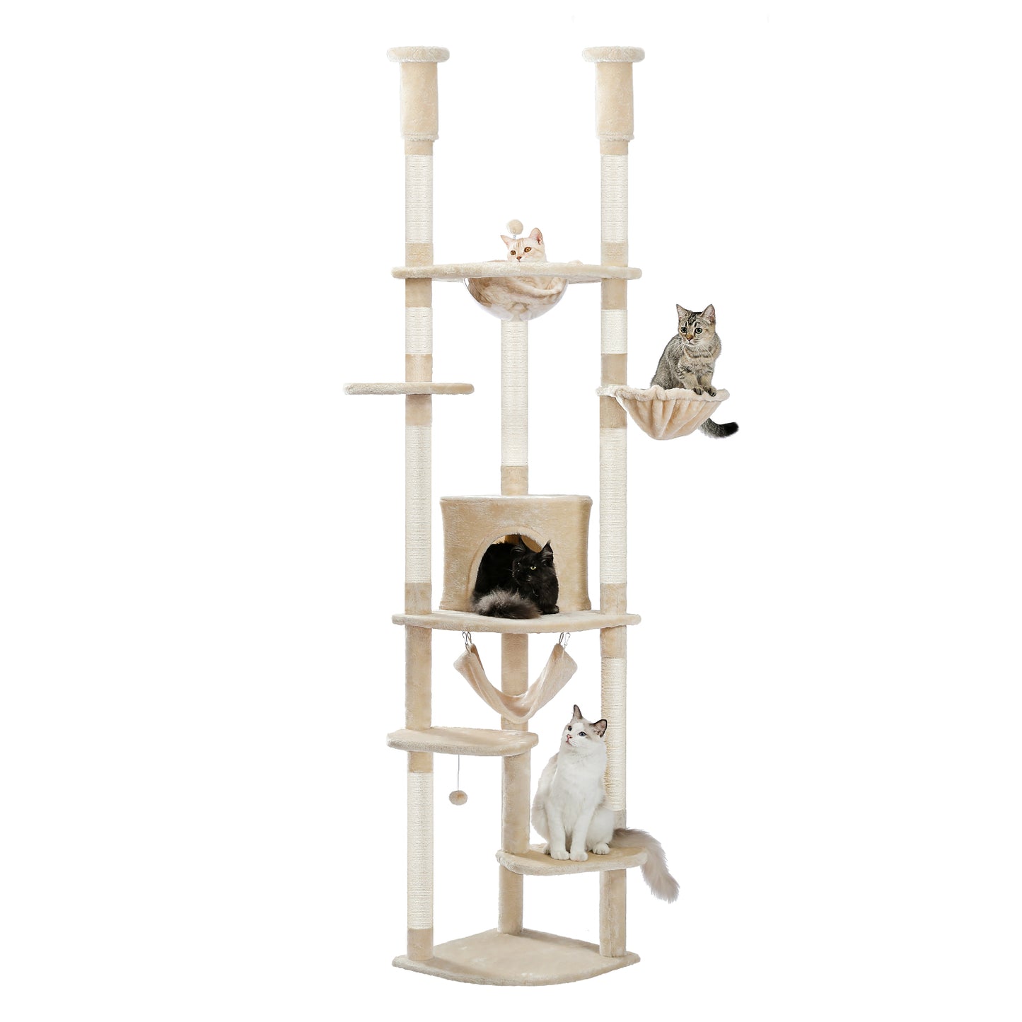 Floor to Ceiling Cat Tree Height Adjustable Cat Tower Tall Kitty Climbing Play House with Scratching Posts, Cozy Condo, Perches and Large Hammock Beige (Minimum Retail Price for US: USD 149.99)