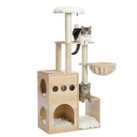 Modern Luxury Cat Tree Wooden Multi-Level Cat Tower Cat Sky Castle With 2 Cozy Condos, Cozy Perch, Spacious Hammock And Interactive Dangling Ball (Minimum Retail Price for US: USD 132.99)