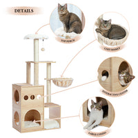 Modern Luxury Cat Tree Wooden Multi-Level Cat Tower Cat Sky Castle With 2 Cozy Condos, Cozy Perch, Spacious Hammock And Interactive Dangling Ball (Minimum Retail Price for US: USD 132.99)