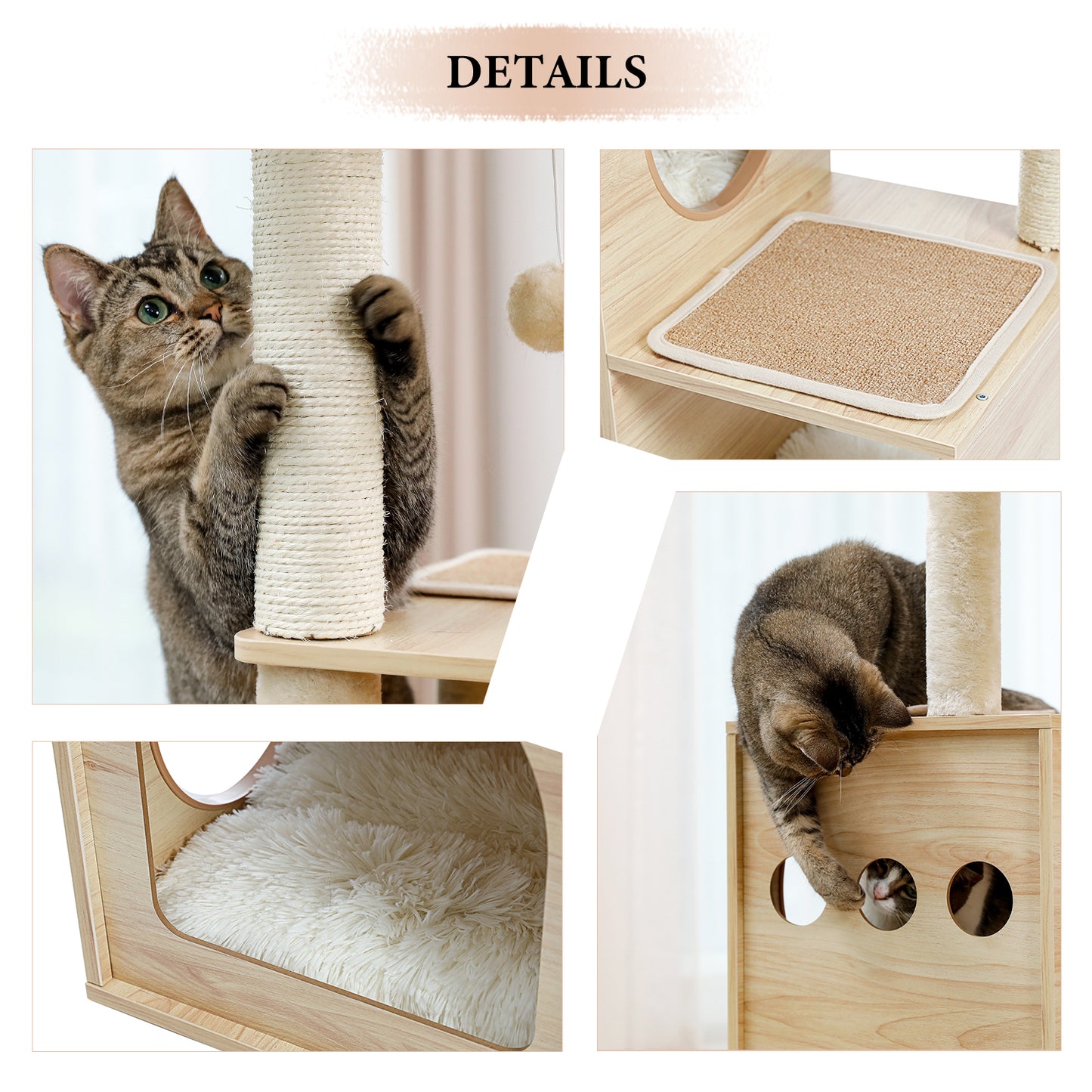 Modern Luxury Cat Tree Wooden Multi-Level Cat Tower Cat Sky Castle With 2 Cozy Condos, Cozy Perch, Spacious Hammock And Interactive Dangling Ball (Minimum Retail Price for US: USD 132.99)