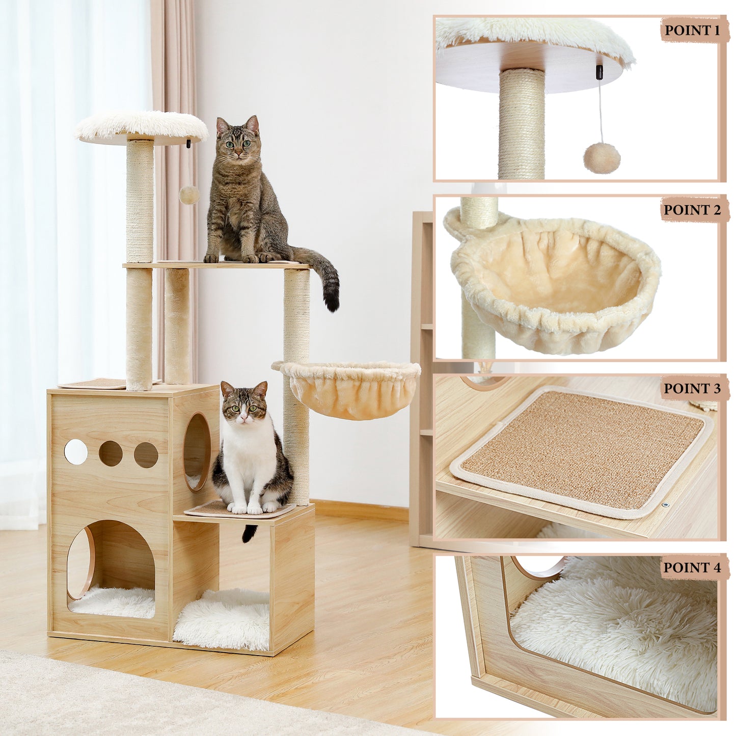 Modern Luxury Cat Tree Wooden Multi-Level Cat Tower Cat Sky Castle With 2 Cozy Condos, Cozy Perch, Spacious Hammock And Interactive Dangling Ball (Minimum Retail Price for US: USD 132.99)