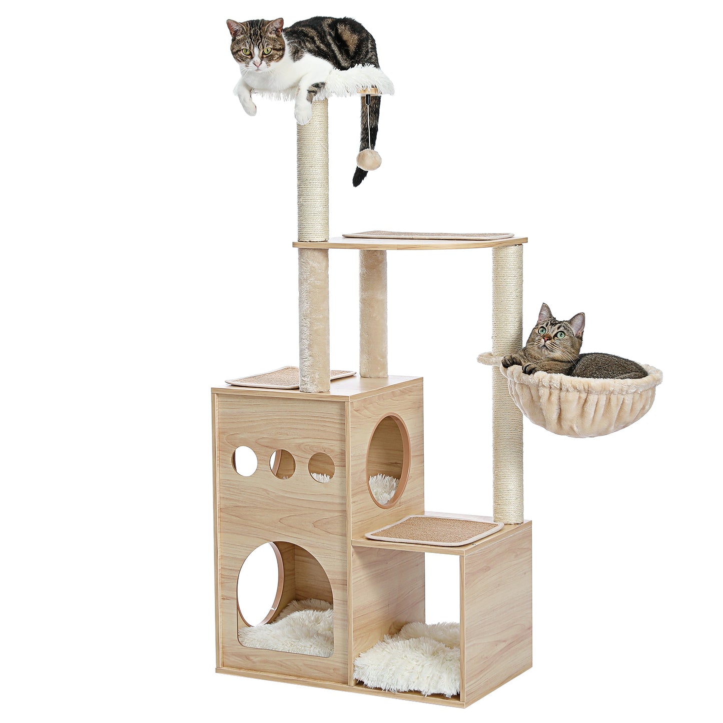 Modern Luxury Cat Tree Wooden Multi-Level Cat Tower Cat Sky Castle With 2 Cozy Condos, Cozy Perch, Spacious Hammock And Interactive Dangling Ball (Minimum Retail Price for US: USD 132.99)