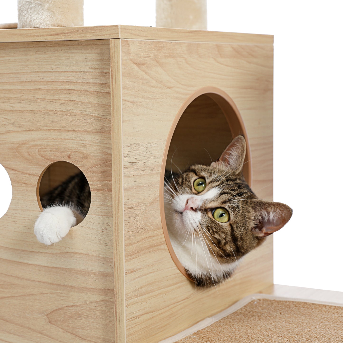 Modern Luxury Cat Tree Wooden Multi-Level Cat Tower Cat Sky Castle With 2 Cozy Condos, Cozy Perch, Spacious Hammock And Interactive Dangling Ball (Minimum Retail Price for US: USD 132.99)