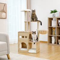 Modern Luxury Cat Tree Wooden Multi-Level Cat Tower Cat Sky Castle With 2 Cozy Condos, Cozy Perch, Spacious Hammock And Interactive Dangling Ball (Minimum Retail Price for US: USD 132.99)