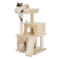 Modern Small Cat Tree Cat Tower With Double Condos Spacious Perch Sisal Scratching Posts，Climbing Ladder and Replaceable Dangling Balls Beige (Minimum Retail Price for US: USD 79.99)