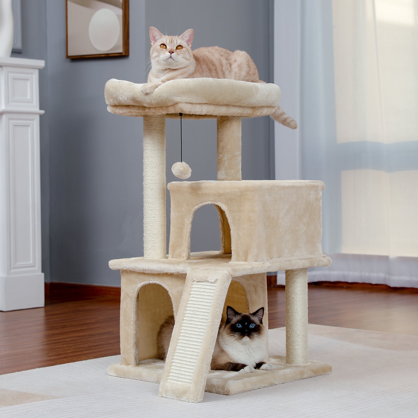 Modern Small Cat Tree Cat Tower With Double Condos Spacious Perch Sisal Scratching Posts，Climbing Ladder and Replaceable Dangling Balls Beige (Minimum Retail Price for US: USD 79.99)