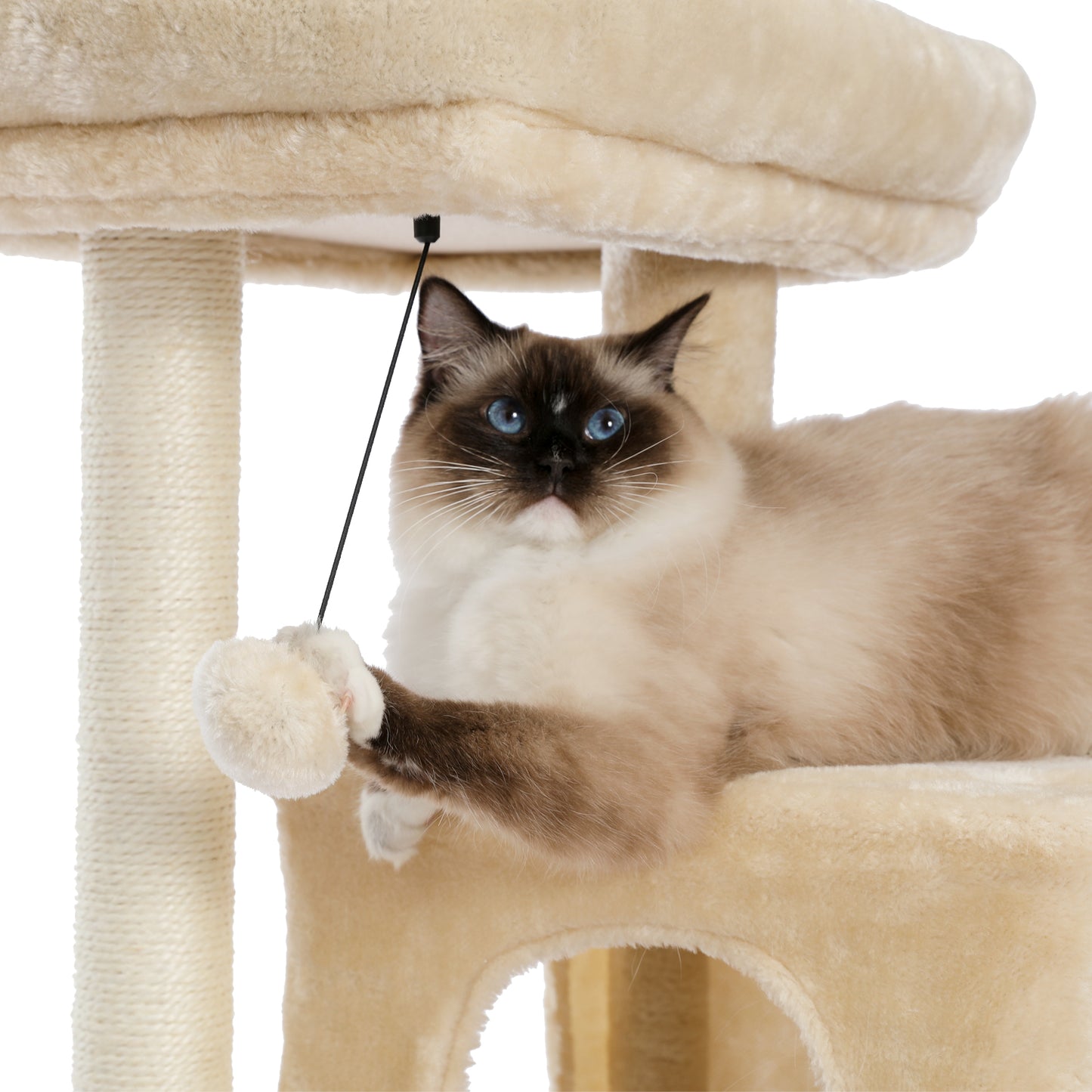 Modern Small Cat Tree Cat Tower With Double Condos Spacious Perch Sisal Scratching Posts，Climbing Ladder and Replaceable Dangling Balls Beige (Minimum Retail Price for US: USD 79.99)