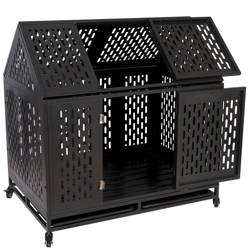 Heavy Duty Dog Crate Cage Kennel Strong Metal Frame Kennel Durable Indoor & Outdoor Kennel for Large Dogs, Easy to Assemble and Move with Four Wheels