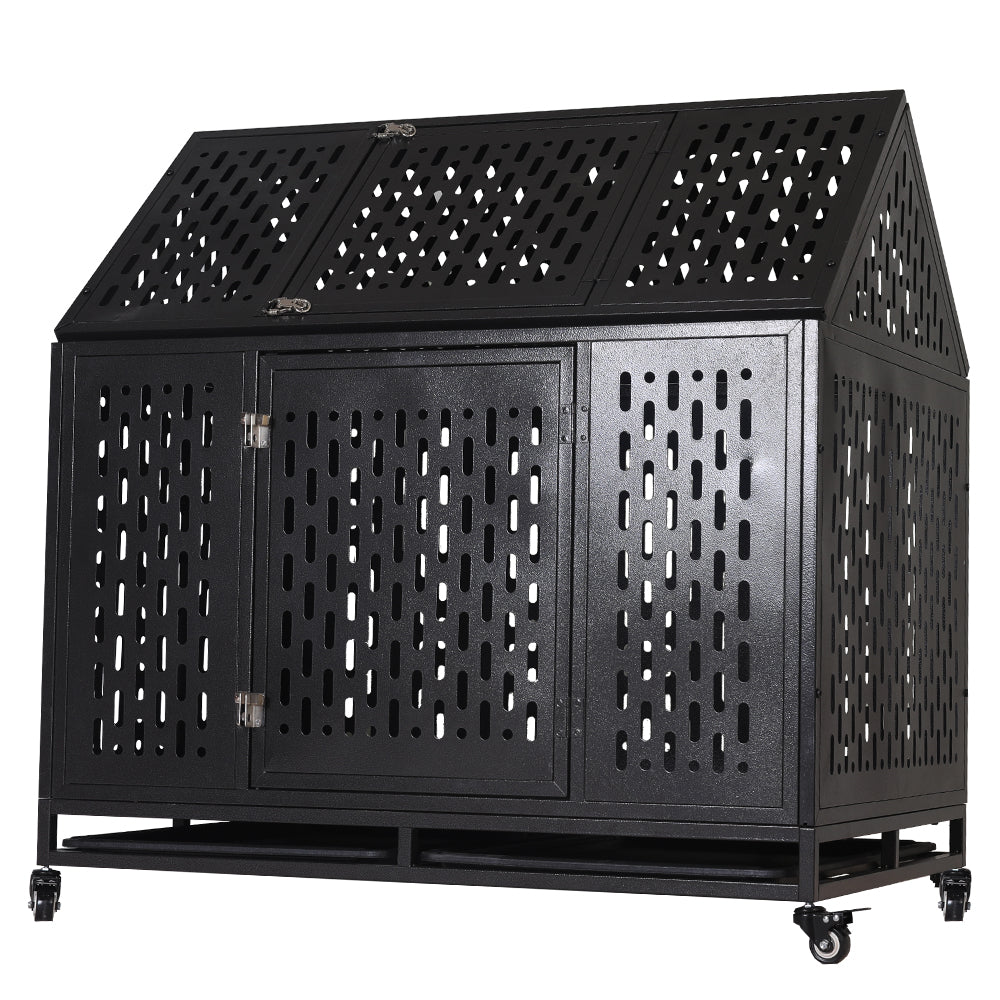 Heavy Duty Dog Crate Cage Kennel Strong Metal Frame Kennel Durable Indoor & Outdoor Kennel for Large Dogs, Easy to Assemble and Move with Four Wheels