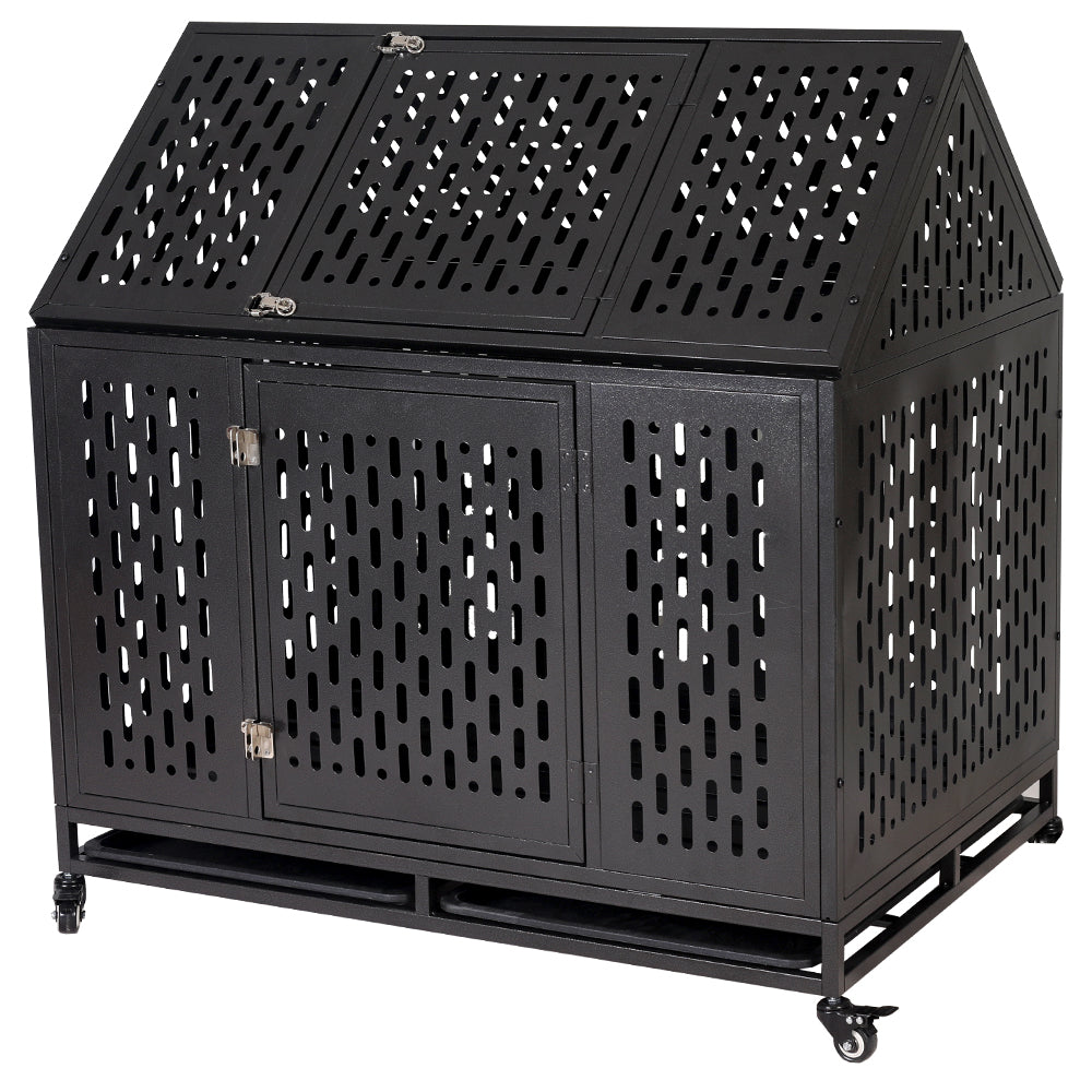 Heavy Duty Dog Crate Cage Kennel Strong Metal Frame Kennel Durable Indoor & Outdoor Kennel for Large Dogs, Easy to Assemble and Move with Four Wheels