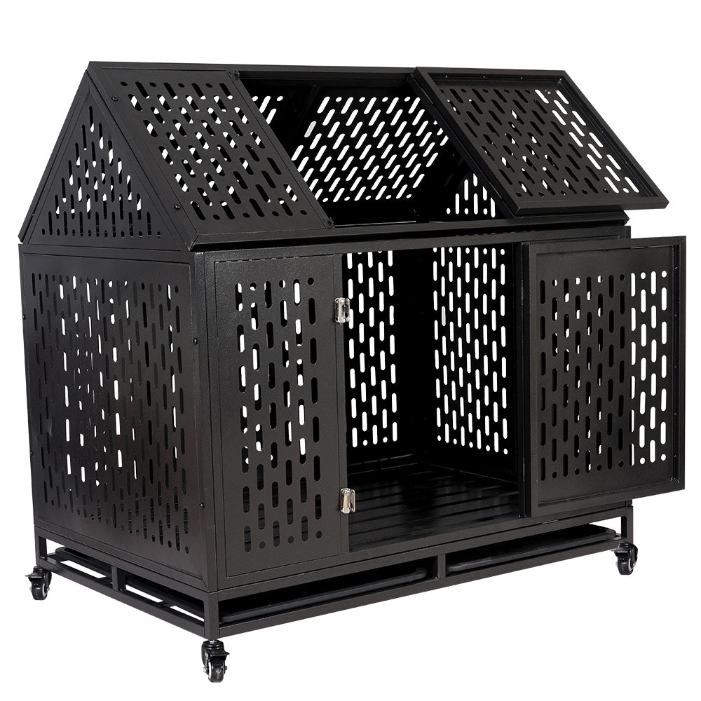 Heavy Duty Dog Crate Cage Kennel Strong Metal Frame Kennel Durable Indoor & Outdoor Kennel for Large Dogs, Easy to Assemble and Move with Four Wheels