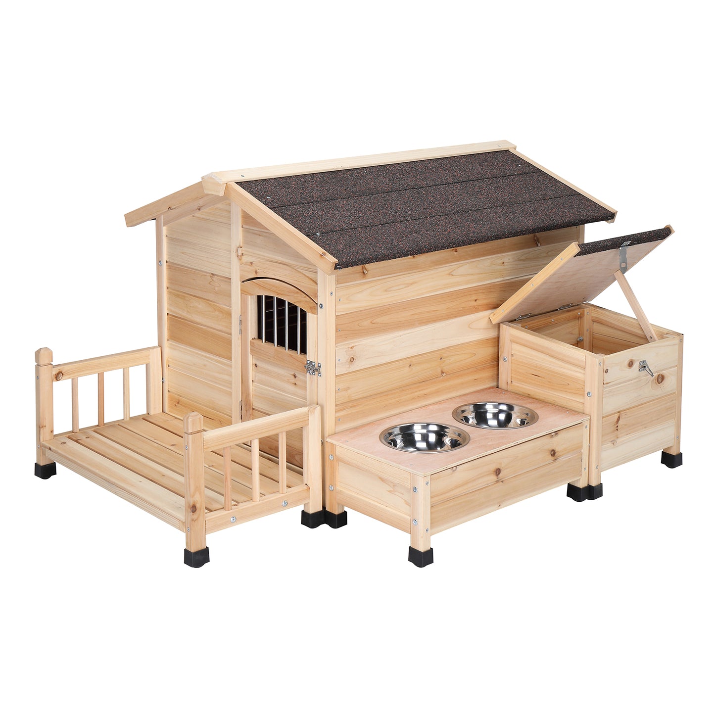 HOBBYZOO Wooden outdoor dog house Pet House shelter Cabin style，Asphalt roof waterproof，With porch, Feeding bowl, Storage box,natural