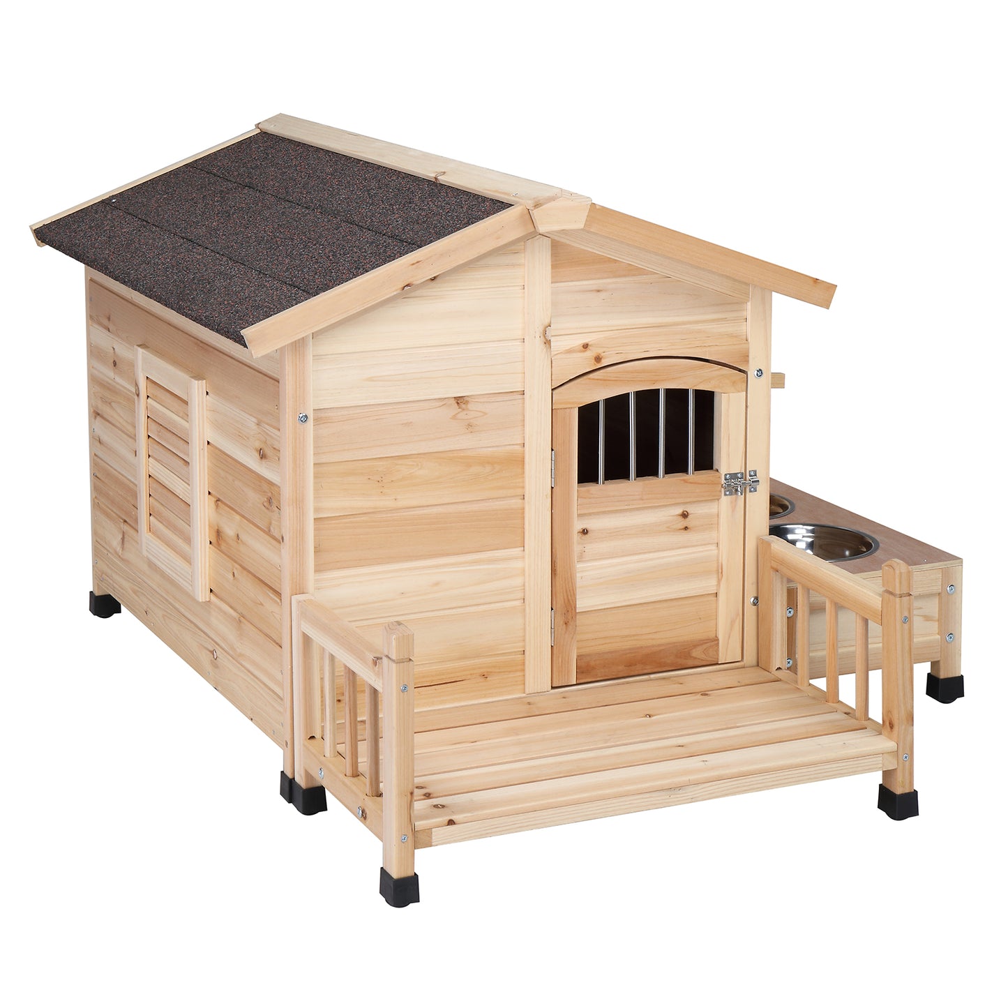 HOBBYZOO Wooden outdoor dog house Pet House shelter Cabin style，Asphalt roof waterproof，With porch, Feeding bowl, Storage box,natural