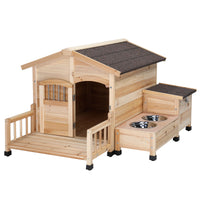 HOBBYZOO Wooden outdoor dog house Pet House shelter Cabin style，Asphalt roof waterproof，With porch, Feeding bowl, Storage box,natural