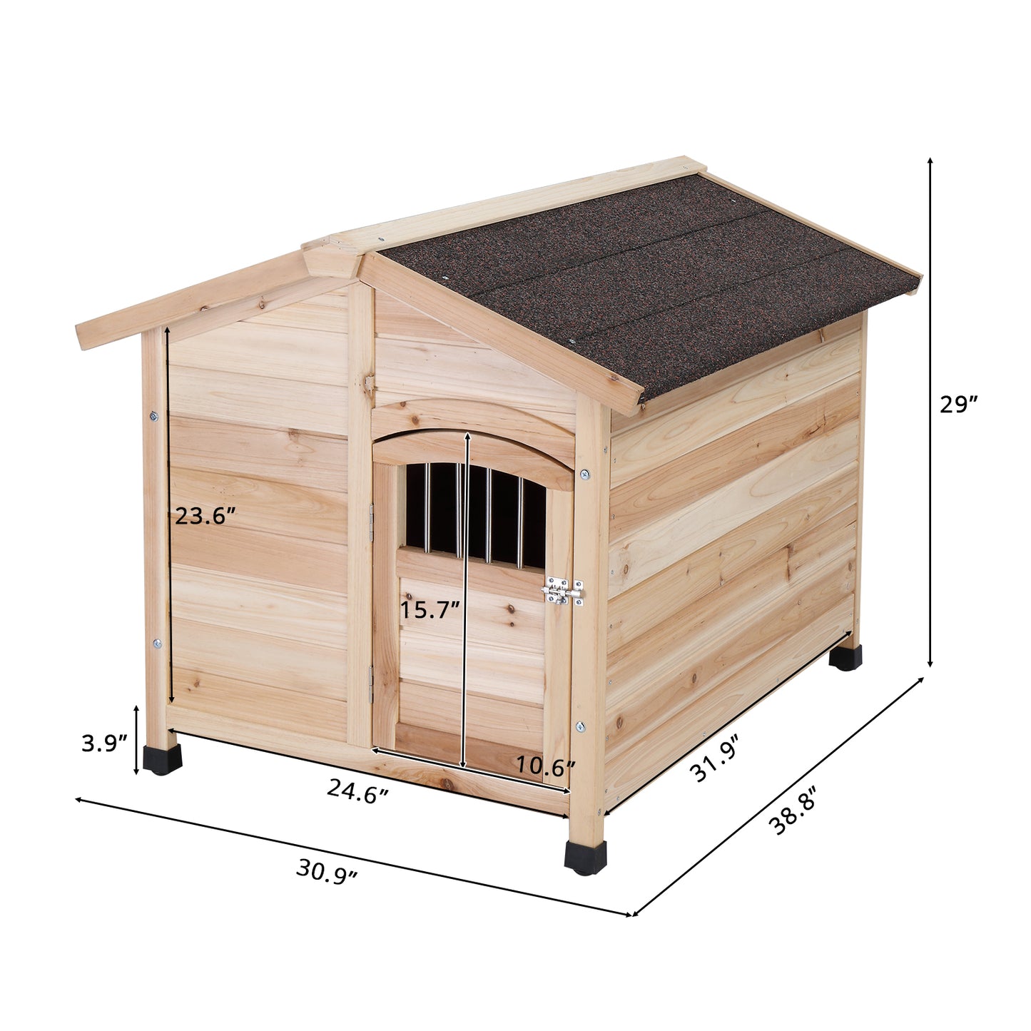 HOBBYZOO Wooden outdoor dog house Pet House shelter Cabin style，Asphalt roof waterproof，With porch, Feeding bowl, Storage box,natural