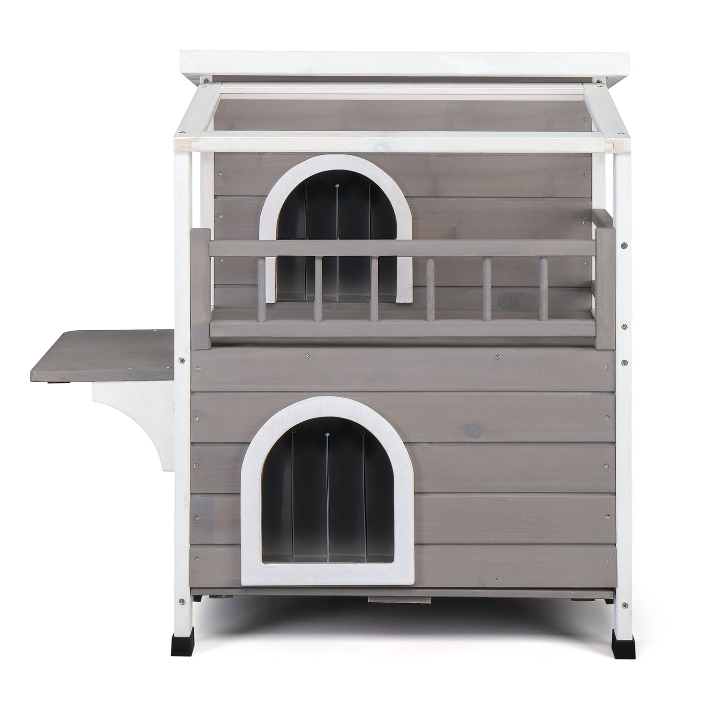 HOBBYZOO Wooden Cat house 2-Story Indoor Outdoor Luxurious Cat Shelter House with Transparent Canopy, Large Balcony, Openable Weatherproof Roof,Double escape door, Grey&White