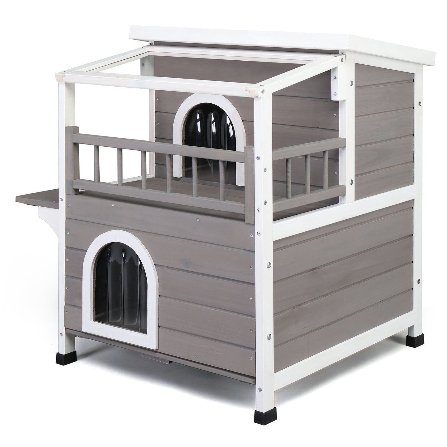 HOBBYZOO Wooden Cat house 2-Story Indoor Outdoor Luxurious Cat Shelter House with Transparent Canopy, Large Balcony, Openable Weatherproof Roof,Double escape door, Grey&White