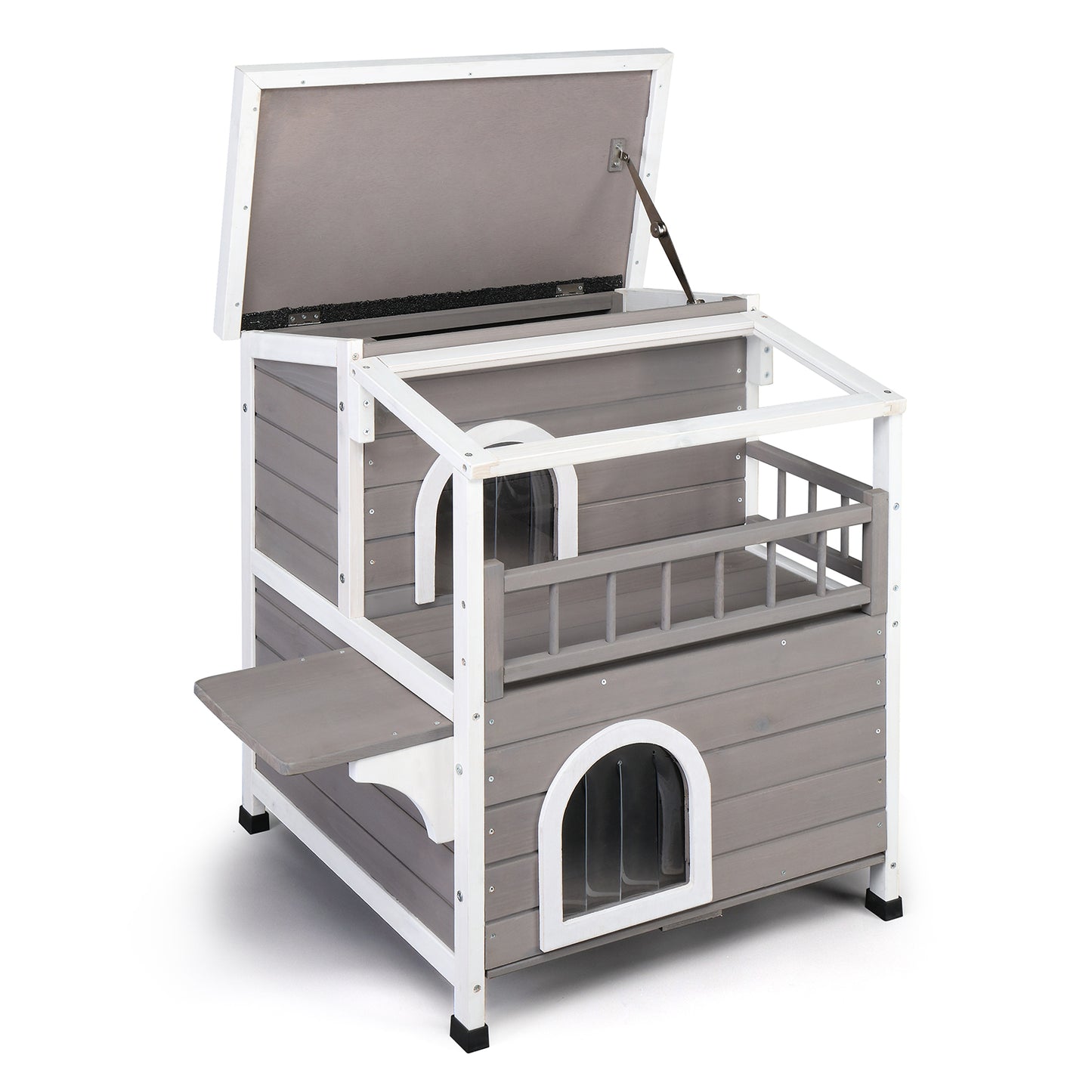 HOBBYZOO Wooden Cat house 2-Story Indoor Outdoor Luxurious Cat Shelter House with Transparent Canopy, Large Balcony, Openable Weatherproof Roof,Double escape door, Grey&White