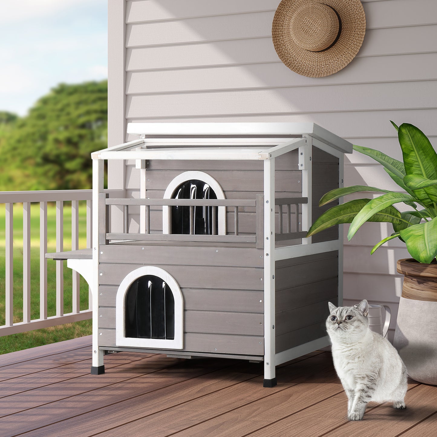 HOBBYZOO Wooden Cat house 2-Story Indoor Outdoor Luxurious Cat Shelter House with Transparent Canopy, Large Balcony, Openable Weatherproof Roof,Double escape door, Grey&White