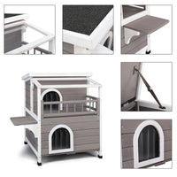 HOBBYZOO Wooden Cat house 2-Story Indoor Outdoor Luxurious Cat Shelter House with Transparent Canopy, Large Balcony, Openable Weatherproof Roof,Double escape door, Grey&White