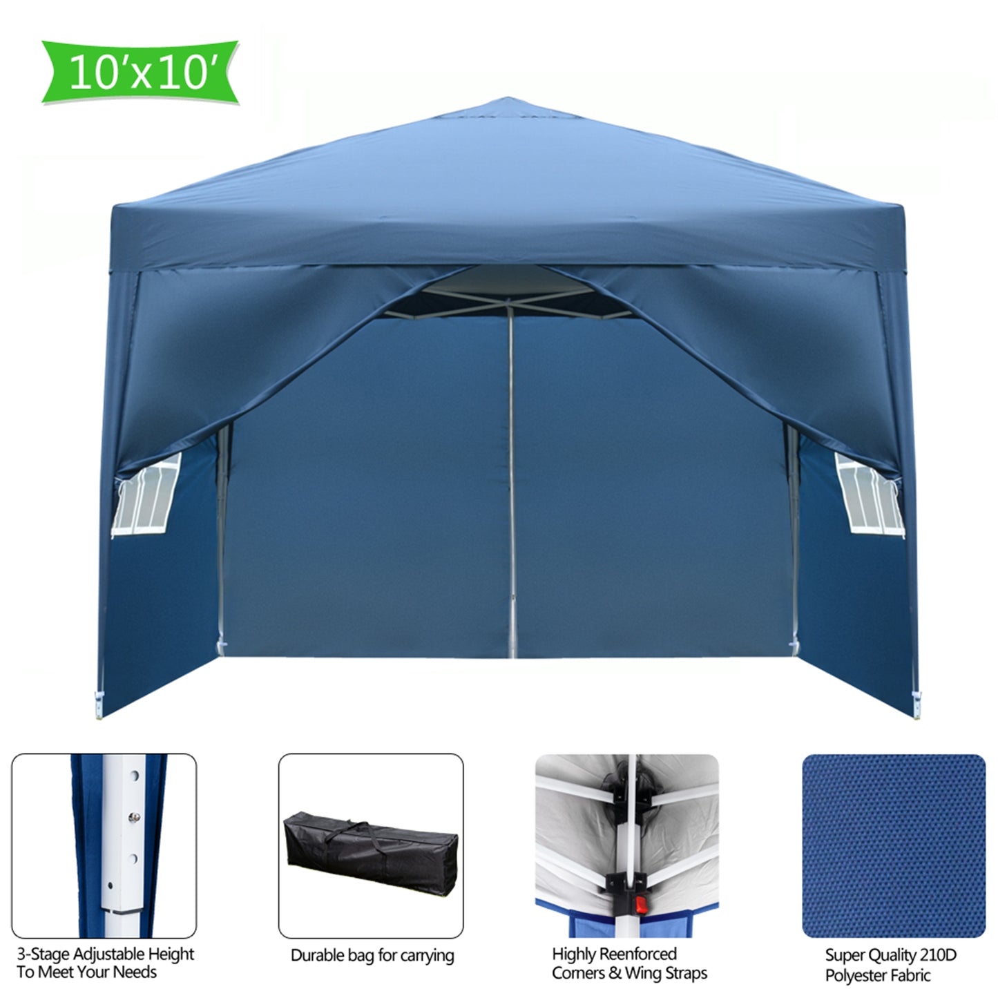 3 x 3m Two Doors & Two Windows Practical Waterproof Right-Angle Folding Tent Blue