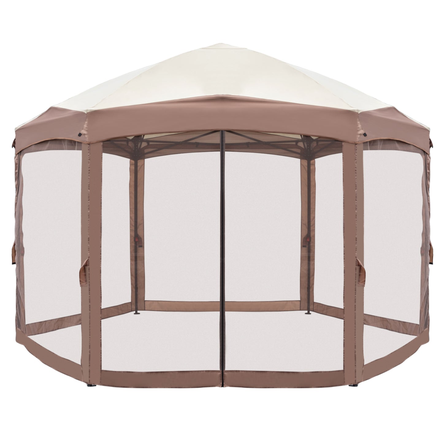 3*3.6m Khaki Top Fabric, Dark Brown Edge, White Bracket, Hexagonal Arc Top Folding Shed, 6 Veils And Net Cloth, With Black Bag, Folding Shed